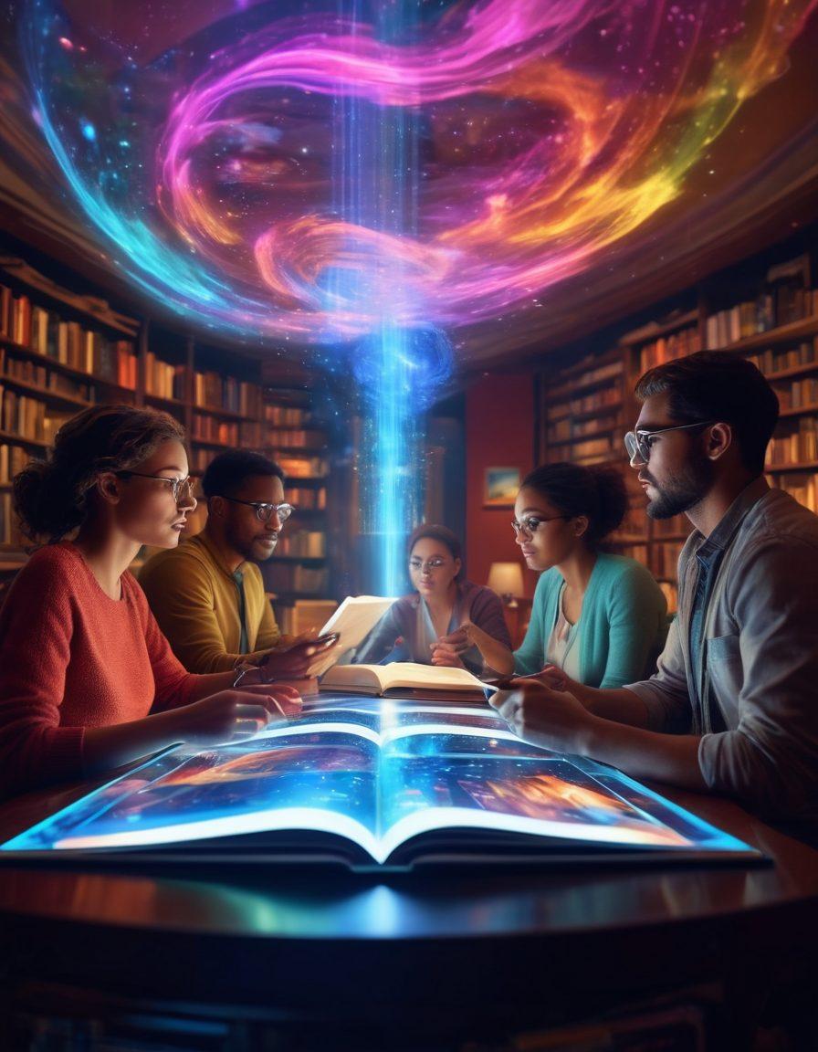 A captivating digital storytelling scene featuring a diverse group of people captivated by a holographic story projection. Bright, swirling colors and engaging visual elements like books, digital devices, and immersive landscapes surrounding them. The atmosphere is lively and dynamic, symbolizing connection and inspiration. super-realistic. vibrant colors. soft focus.