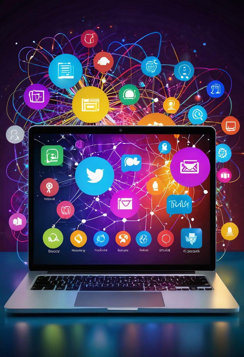 A digital canvas displaying an interconnected web of storytelling elements: a laptop with a glowing screen showcasing articles, colorful social media icons orbiting around it, a quill and ink symbolizing writing, and vibrant visual elements like graphs and camera icons emphasizing multimedia. A backdrop of lightbulbs representing ideas and creativity, blending seamlessly in a bright and energetic color palette. super-realistic. vibrant colors. 3D.